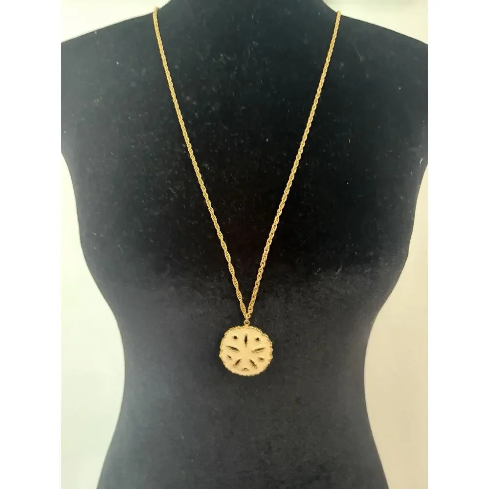 Vintage Gold Tone Sand Dollar Pendant Necklace 31 Inch Coastal Beach Style